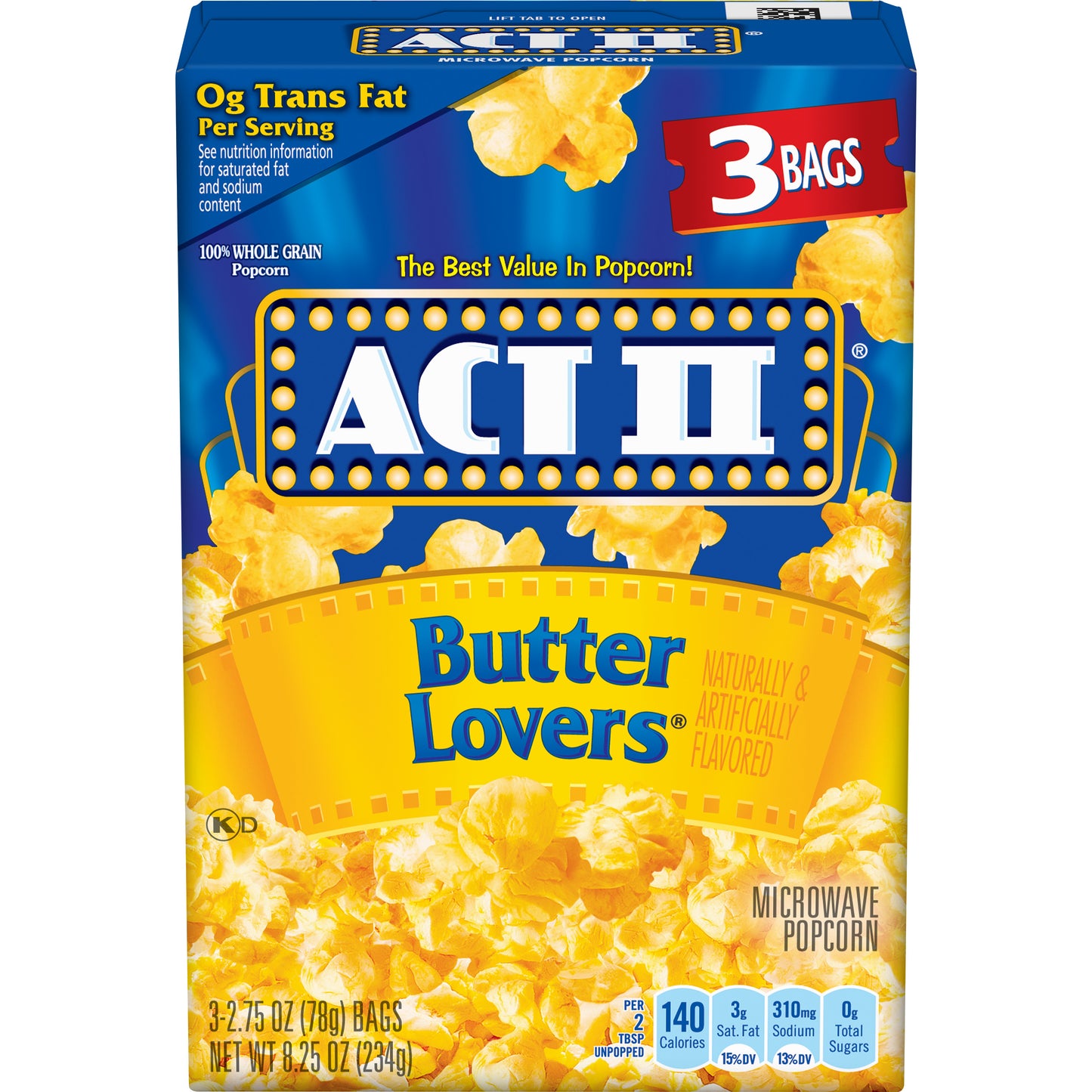 Act II Microwave Popcorn, Butter Lovers, 2.75 Oz - 3 Pack