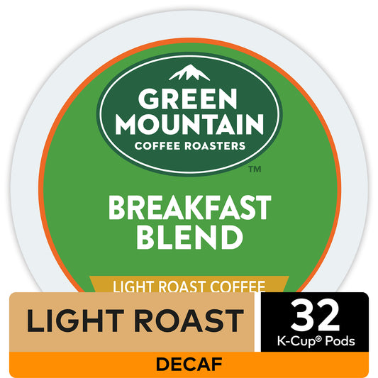 Green Mountain Coffee Decaf Breakfast Blend K-Cup Pods Light Roast 32 Count for Keurig Brewers