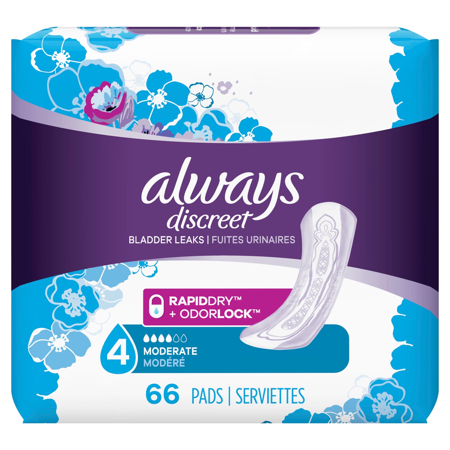 Always Discreet Incontinence Pads Moderate Absorbency Regular Length 66 CT