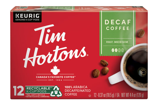 Tim Hortons Decaf K-Cup Coffee Pods Medium Roast for Keurig Brewers Recyclable 12 Ct