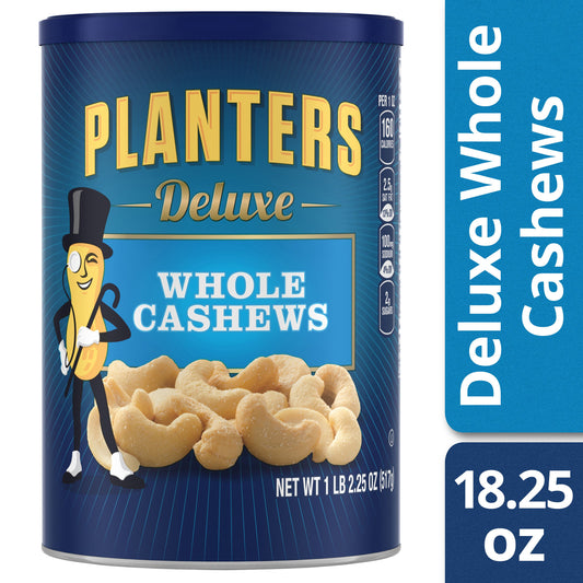 PLANTERS Deluxe Salted Whole Cashews Party Snacks Plant-Based Protein 18.25oz (1 Canister)