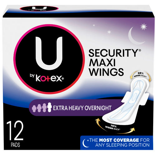 U by Kotex Security Feminine Maxi Pad with Wings Overnight Extra Heavy Unscented 12 Count