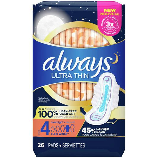 Always Ultra Thin Overnight Pads with Wings Size 4 Overnight 26 Ct