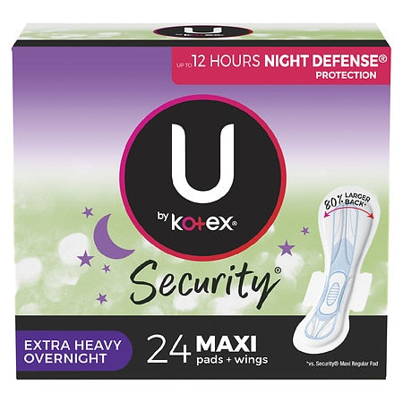 Kotex U Security Maxi Feminine Pads with Wings Extra Heavy Overnight Absorbency Unscented 24 Count