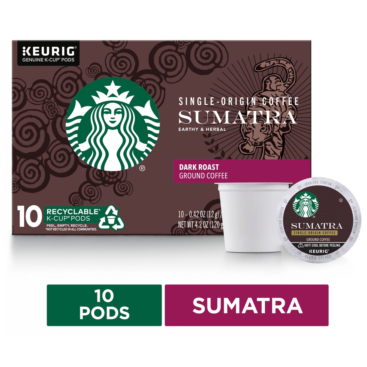 Starbucks Coffee K-Cup Sumatra Coffee, Dark Roast, 10 Ct