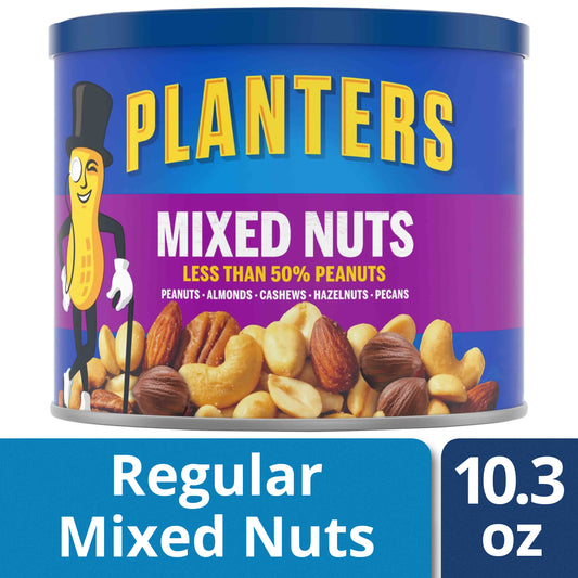 Planters Mixed Nuts Less Than 50% Peanuts with Peanuts Almonds Cashews Hazelnuts & Pecans 10.3 Oz Canister