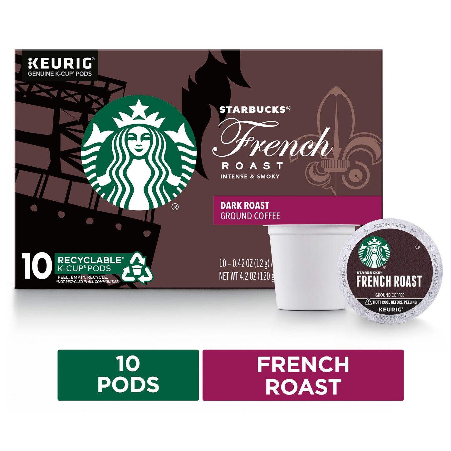 Starbucks French Roast Dark Ground Coffee K-Cup Pods, 10 Ct