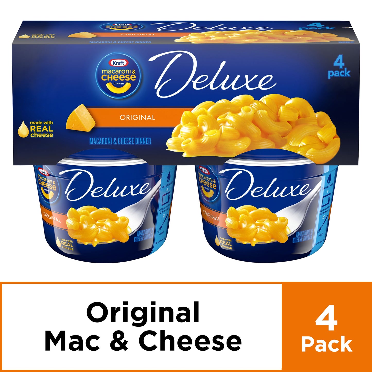 Kraft Deluxe Original Mac N Cheese Macaroni and Cheese Cups Easy Microwavable Dinner 4 Ct Pack 2.39 Oz Cups