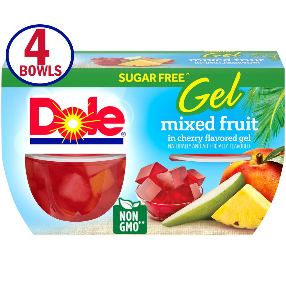 (4 Cups) Dole Fruit Bowls No Sugar Added Mixed Fruit in Cherry Gel 4.3 Oz