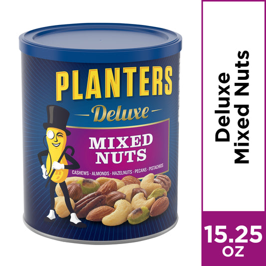 PLANTERS Deluxe Salted Mixed Nuts Party Snacks Plant-Based Protein 15.25oz (1 Canister)