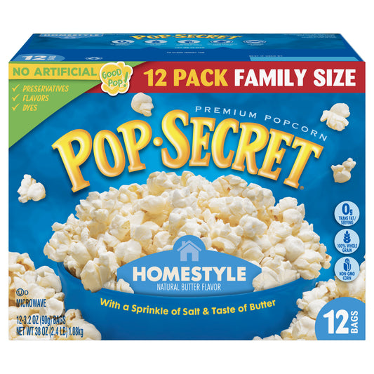 Pop Secret Microwave Popcorn Homestyle Butter Flavor 3.2 Oz Sharing Bags 12 Ct