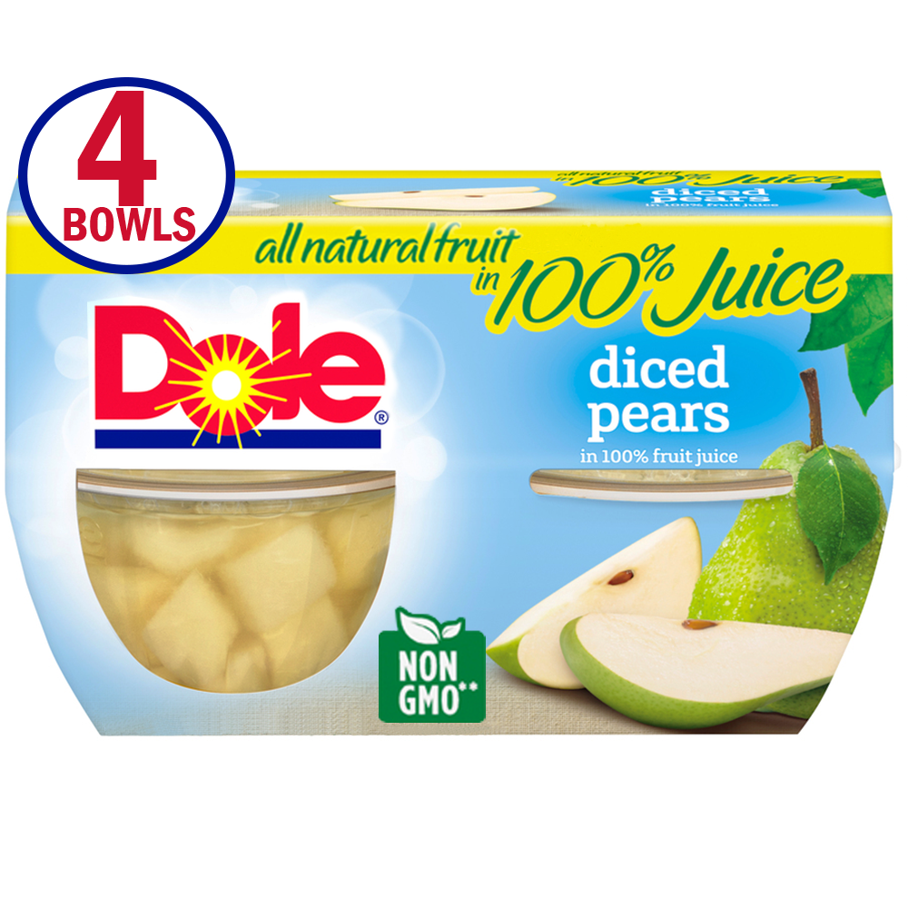 (4 Cups) Dole Fruit Bowls Diced Pears in 100% Fruit Juice 4 Oz