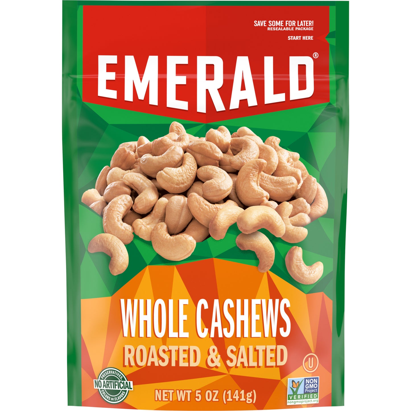 Emerald Nuts Whole Cashews Roasted & Salted 5 Oz Resealable Bag