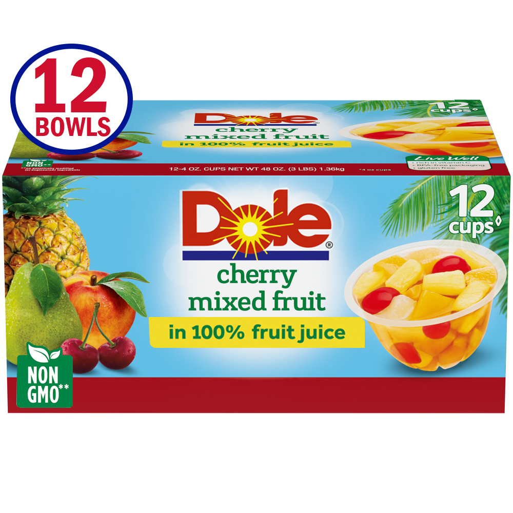 (12 Cups) Dole Fruit Bowls Cherry Mixed Fruit in 100% Fruit Juice 4 Oz