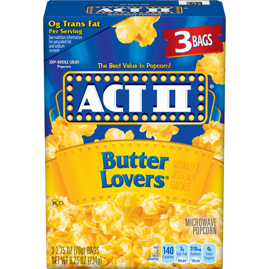 Act II Microwave Popcorn, Butter Lovers, 2.75 Oz - 3 Pack