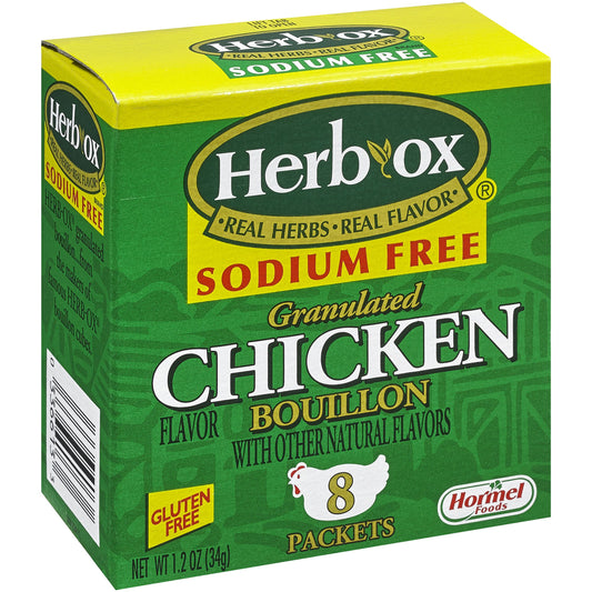 HERB-OX Instant Sodium Free Chicken Bouillon Packets Shelf Stable 1.2 Oz Paper Box (8 Packets)