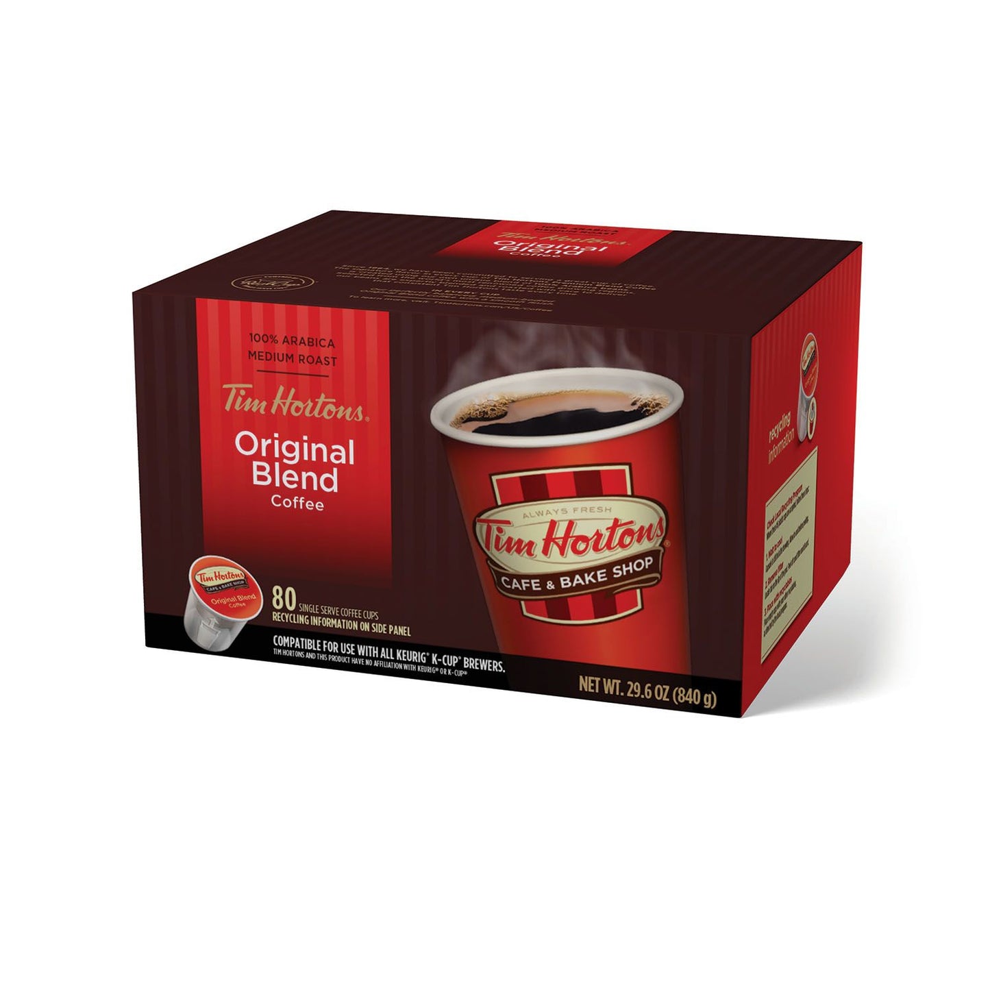 Tim Hortons Original Blend K-Cup Coffee Pods Medium Roast Recyclable 80ct for Keurig Brewers