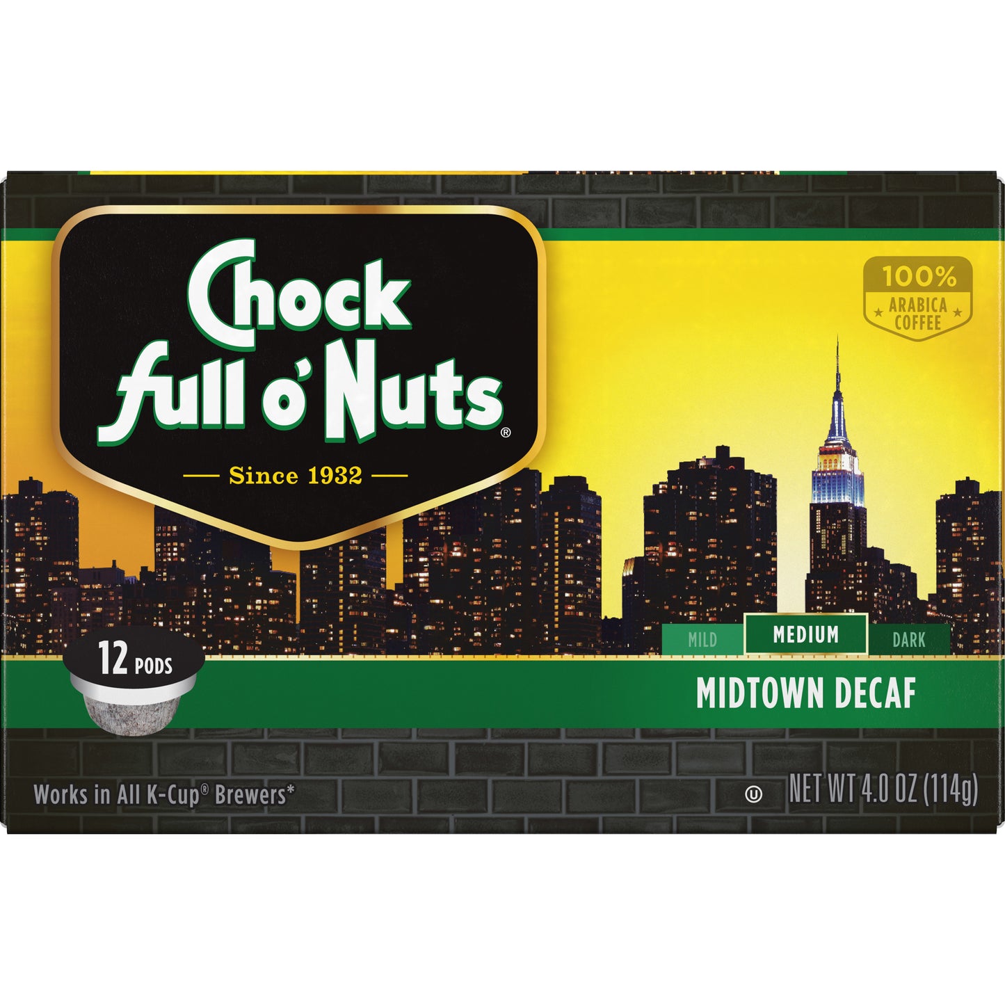 Chock Full O’Nuts Single-Serve Coffee Pods Midtown Decaf Coffee Medium Roast 12 Ct