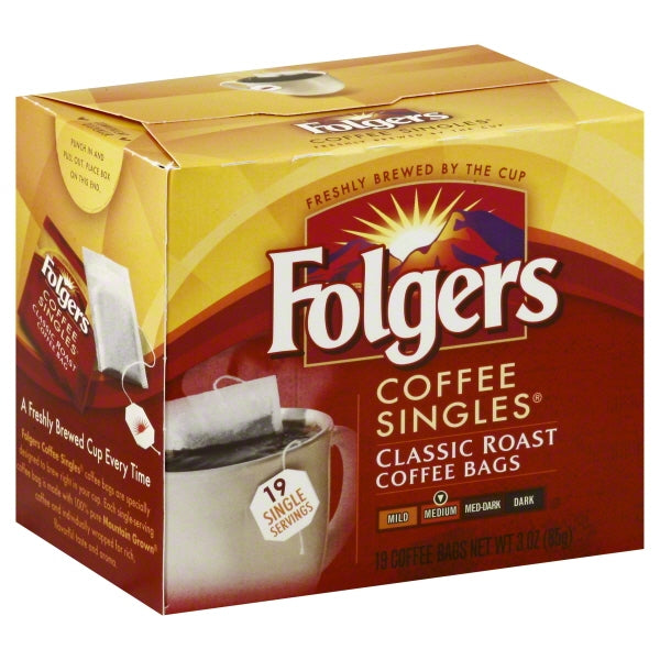 Folgers Coffee Singles Classic Roast Bags, Medium Roast, 19/Box