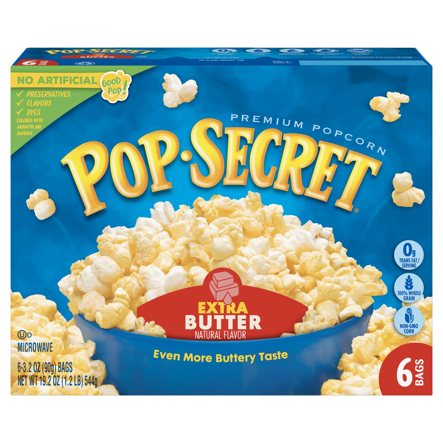 Pop-Secret Microwave Popcorn, Extra Butter, 3.2oz Bags, 6/Box