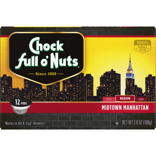 Chock Full O Nuts Midtown Manhattan K-Cup Coffee Pods Medium Roast 12 Count Box