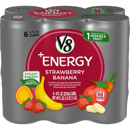 V8 +Energy, Healthy Energy Drink, Natural Energy from Tea, Strawberry Banana, 8 Ounce Can (Pack of 6)