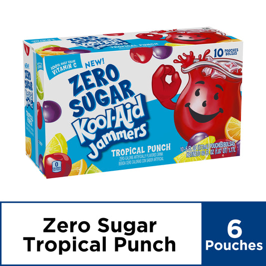 Kool-Aid Jammers Tropical Punch Zero Sugar Kids Drink Juice Box Pouches 10 Ct Box 6 Fl Oz Pouches