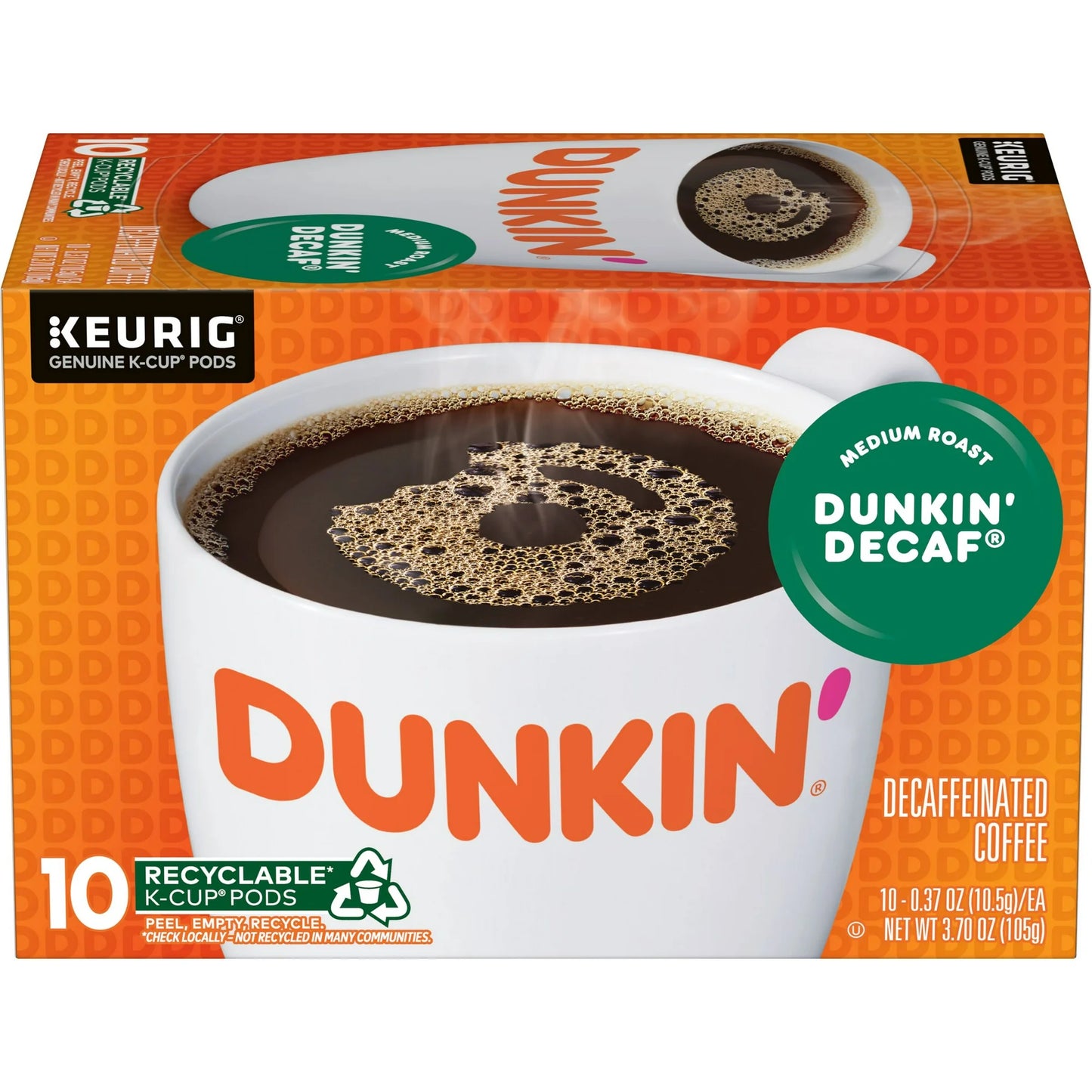 Dunkin Decaf Coffee, Medium Roast, Keurig K-Cup Pods, 10 Count Box