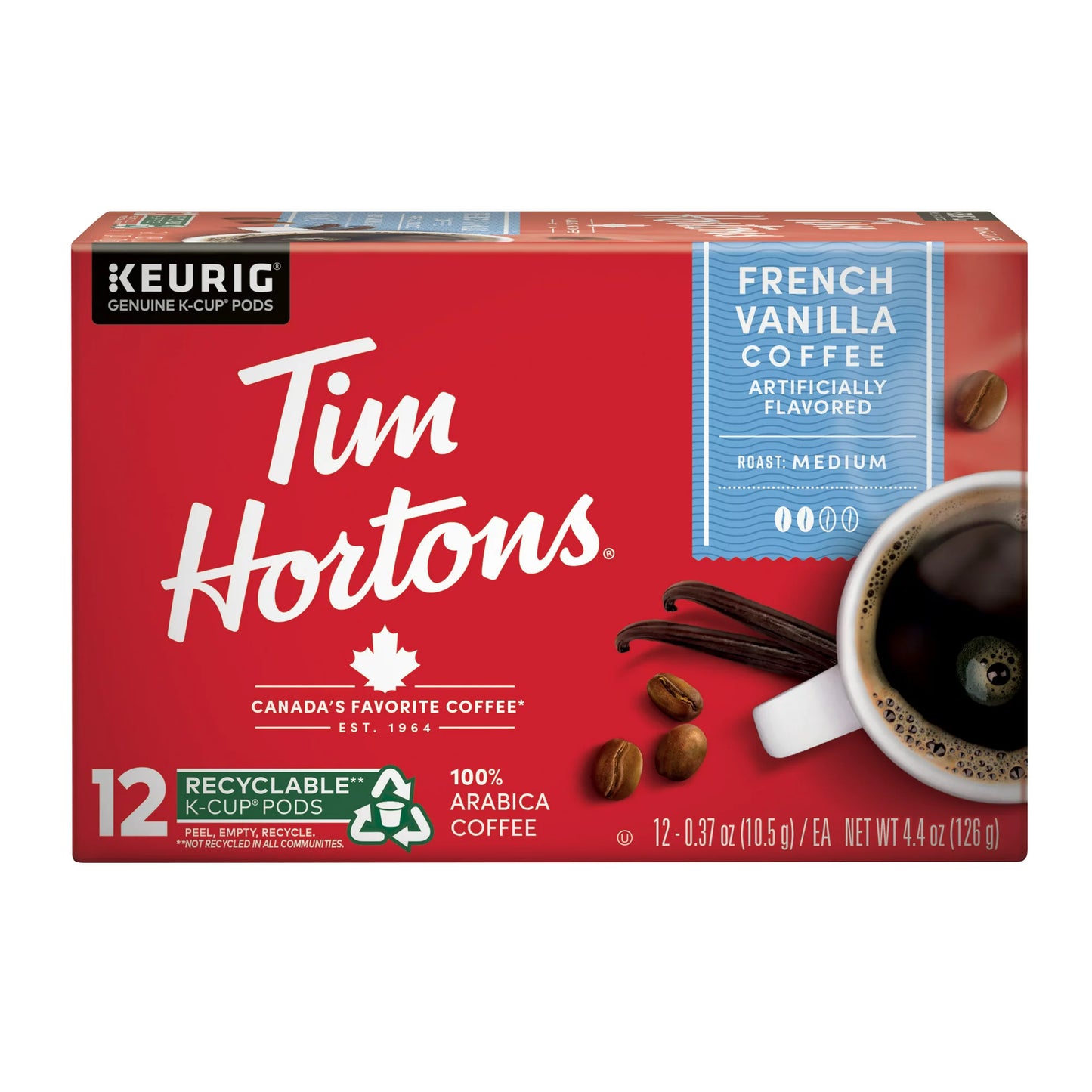 Tim Hortons French Vanilla K-Cup Coffee Pods for Keurig Brewers, Recyclable, 12 Ct