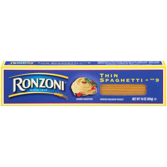 Ronzoni Thin Spaghetti 16 Oz Non-GMO Pasta for Entrees Soups Sides